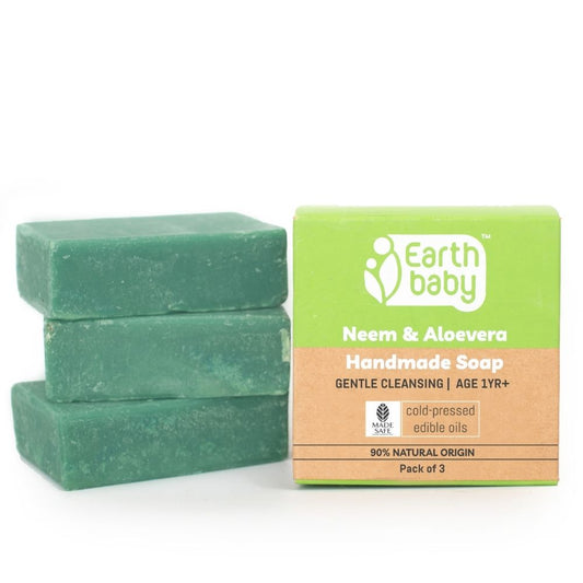 Handmade Neem & Aloe Vera Soap, For Kids 1 Year+, 90% Natural Origin (100g, 100g x 3) — Soothes Itchy Skin, Fights Rashes, Keeps Skin Soft