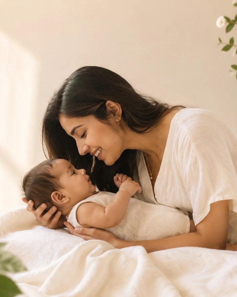 Indian mother holding her baby in soft natural light